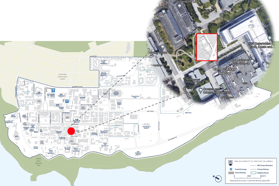 An aerial map of the UBC campus displays where the Third Quadrant building will be constructed