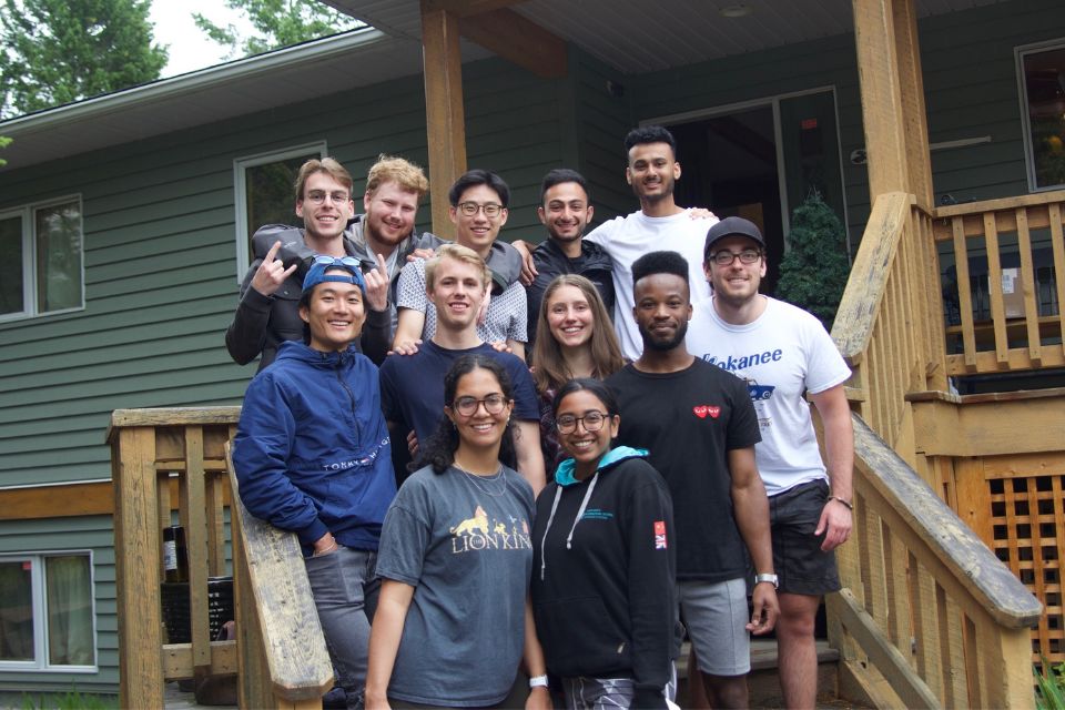 Daniel McClement and his Engineering friends on the steps to his family cabin