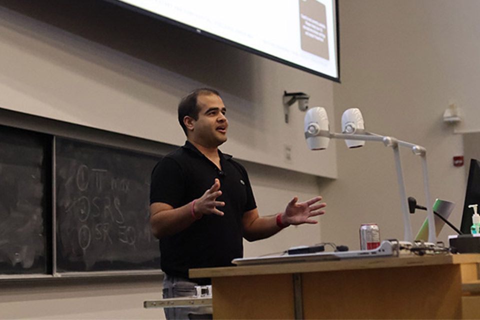 Satyan Chandra, semi-truck engineering lead, delivering his keynote speech to UBC students. (Credit: UBC Applied Science)