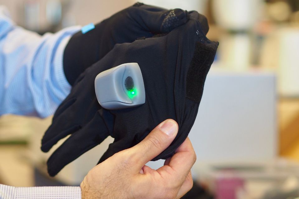 Up close with the smart glove, it is stretchy and comfortable