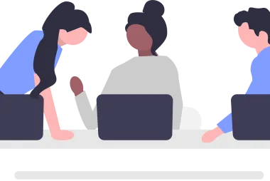 An illustration of 3 people working together on laptops