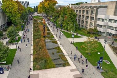 Aerial shot of UBC Vancouver campus, Main Mall