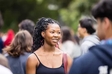 Engineering student meeting her peers on the first day of school.