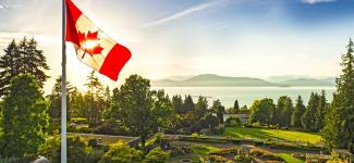 Canada flag flys over the UBC Rose Garden