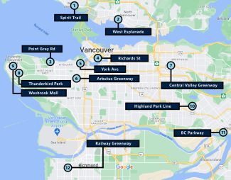 A google maps image of the lower mainland displays 12 locations where bike observations were made