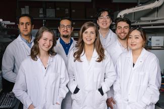 Seven UBC Researchers from the Clifford Lab in Materials Engineering pose for a group photo with lead researcher Amanda Clifford front and centre