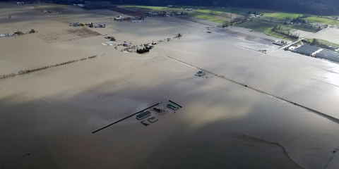An aerial view of the flooded Sumas Prairie region of Abbotsford, following the November 2021 BC floods
