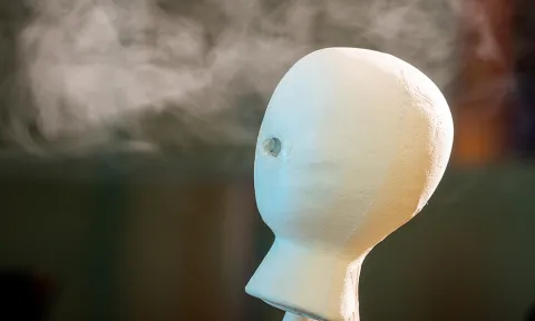 A styrofoam head used for air quality testing, surrounded by vapour